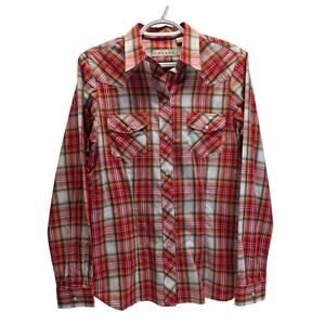 Roper Red & Orange Plaid Pearl Snap Button-Down Western Long Sleeve Shirt Small